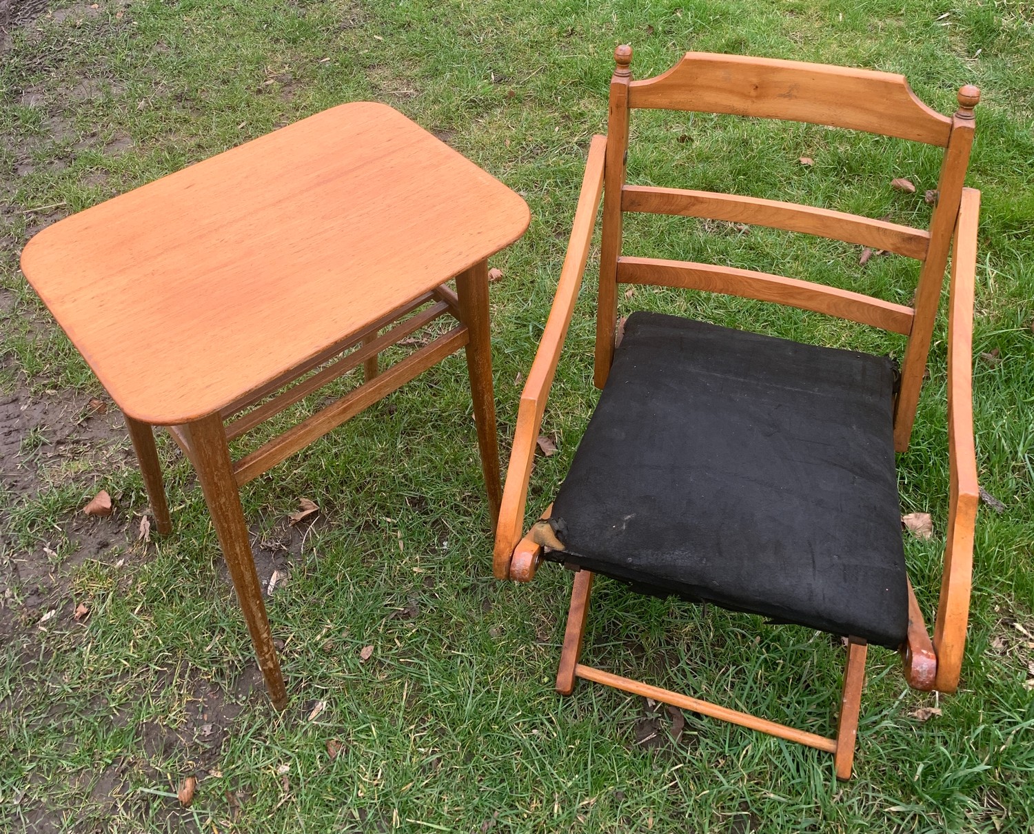 A beechwood framed folding chair and a teak side table with undershelf. Chair height to seat