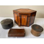 Various boxes to include 19thC crossbanded and inlaid tea caddy, lacquer box, leather case etc.