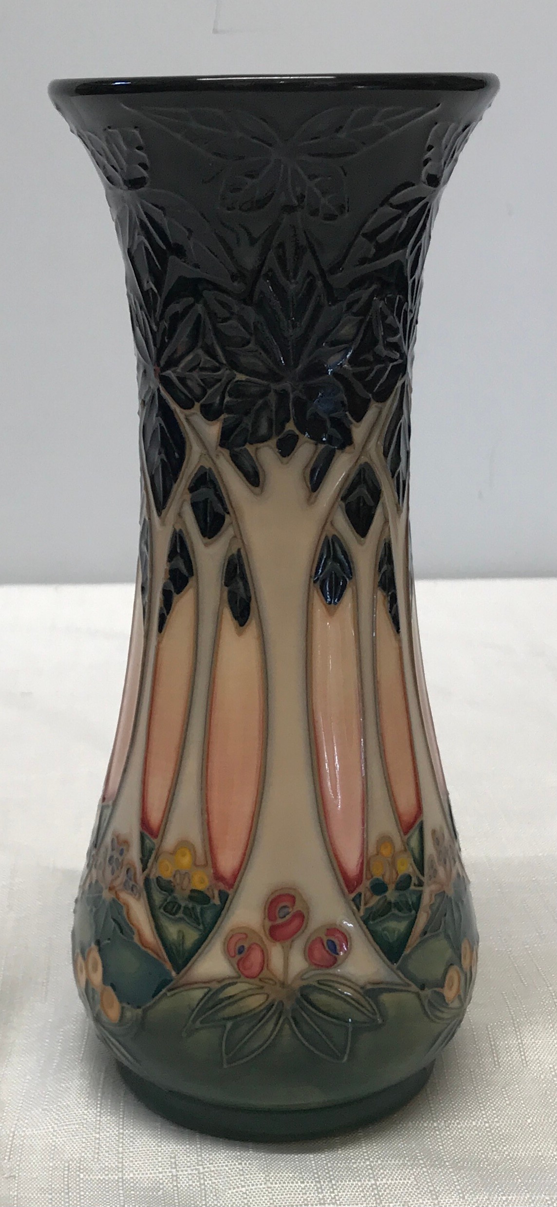 A Moorcroft Sally Tuffin-Cluny design slender baluster vase of tree/forest design c1990 21cm. Marked - Image 2 of 6