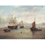 Framed print on canvas of a Coastal scene with sailing ships and fishing boat on calm water