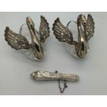 Two cut glass salts in the form of swans with white metal wings and necks marked .925 with .925