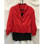 Zandra Rhodes 1980's two piece suit, Red jacket with three black buttons to front together with a