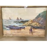 A gilt framed watercolour painting signed Wm Turnbull of coastal scene with boats and figures on a