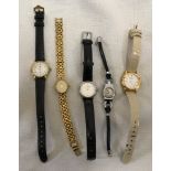Five assorted ladies wristwatches to include a Rotary with black leather strap, a gold plated