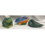 Large garden ornaments, pottery made toad 25cms h, fish 21cms h x 41cm l and a goose 19cm h x 37cm