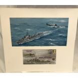Watercolour Michael Roffe of HMS Petard sinking of Italian submarine Varsciek with first day cover