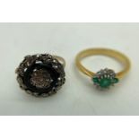 Two ladies dress rings, one diamond and emerald cluster on unmarked yellow metal size P 4.19gms