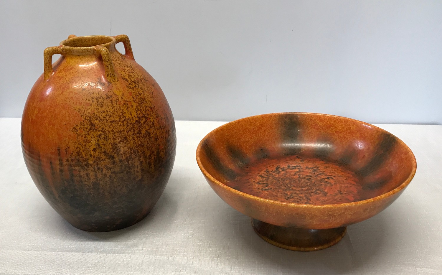 Two Royal Lancaster speckle orange glazed vase and bowl. Vase 23cm marked to base England x, Royal