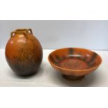Two Royal Lancaster speckle orange glazed vase and bowl. Vase 23cm marked to base England x, Royal