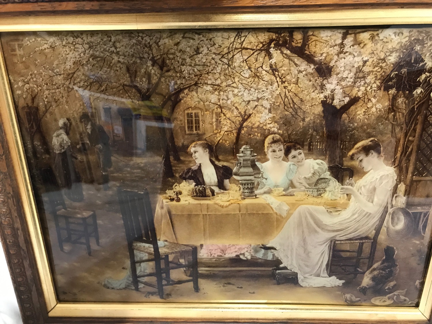 Oak framed Crystoleum of an afternoon garden tea party. Crystoleum size approx 27cms h x 38cms w, - Image 2 of 4