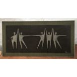 Metal framed sculpture, metal figures in dancing pose on teakwood board signed Giovanni 70 London.
