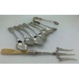Six hallmarked silver teaspoons of various dates and makers together with thistle sugar nips and