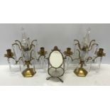 A pair of brass and glass candelabra lustres 33cm h together with a small oval brass framed toilet