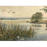 Oil painting on canvas, Don Vaughan, lake scene with waterfowl and rowing boats, painting size 61cms