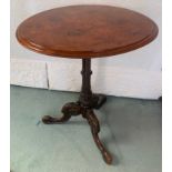 A 19thC burr walnut carved pedestal table with tripod legs. 51cms d x 66cms h.Condition ReportGood