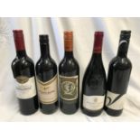 5 Bottles of wine, Hardy's Bankside Shiraz 2012 75cl, Chateauneuf Du Pape 1998 75cl, Campo Viejo