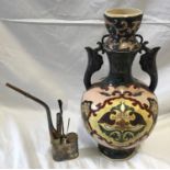 A floral painted Chinese patterned vase with twin hadles 36cms h and a Chinese white metal