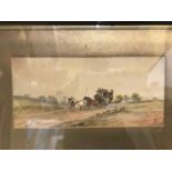 A framed watercolour painting of a stagecoach in a country lane signed indistinctly lower left.