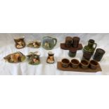 Hornsea pottery selection to include brown and green condiments, egg cups and oil bottle, 6 animal