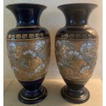 Nineteenth century Doulton Slaters lace work decorated vases. 34cms h.Condition ReportGood