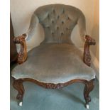 Victorian Walnut framed button back open armchair on cabriole legs with ceramic and brass castors.