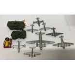 Eight Dinky diecast aeroplanes, 2 Dinky armoured vehicles and a Lesney vehicle.Condition
