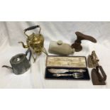 Mixed lot to include brass spirit burner kettle, plated teapot, cased silver plate serving set,