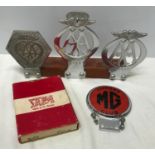 AA car grill badges including Northern India N737, mounted on wood stand and a Beaulah MG Owners