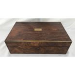 A Victorian brass bound writing box with initial engraved cartouche and secret drawers to the