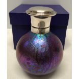 A Jonathan Harris Studio Glass silver topped iridescent purple glass scent bottle circa 2009. Signed