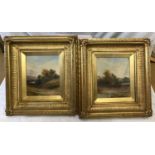 Pair of gilt framed oil paintings on canvas signed A Barland. Country scene with figure on