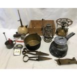 Small brass jam pan, Tilley lamp, Valor stove, grey enamel double pan set, paraffin lamp, AA and
