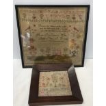 Two framed early C19th needlework samplers. One large 42cm x 42cm "Mary Ann Garner's Work" aged