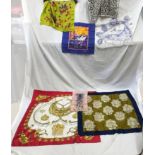 Selection of seven silk and cotton scarfs, two Jacqmar, one ken dome print of Sydney, one Seta Pura,