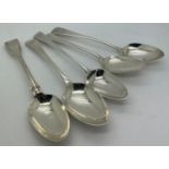 Five hallmarked silver dessert spoons, various dates and makers. 190.2gmsCondition ReportOne with