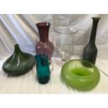 A selection of modern homewares to include a green glass bowl 30cm d, a blue jug 24.5cm h, a large