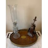 An oak and brass tray, a metal knight fire tidy and a moulded glass lustre candlestick.Condition