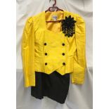 Ladies 1980's two piece suit by Scarvin of London, A yellow jacket with black beadwork flower to