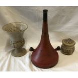 A collection of studio pottery to include a red and black trumpet shaped vase etched to base: 234, W