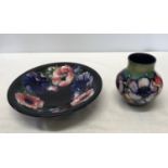 Two Moorcroft pottery Anemone design vase and bowl. Vase 13cm with signature mark to base along with