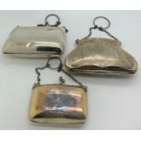 Three various ladies silver hallmarked finger purses Total weight 231.8gms.Condition ReportDents