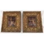 A pair of Crystoleums depicting three elegant figures in a formal sitting room. 15.5cm x 12.5cm in