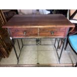 Walnut 2 drawer console table, wrought metal base. 90cms w x 50cms d x 86cms h.Condition