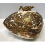 Japanese Satsuma pottery Meiji period lidded box in clam shaped form with gilt decoration and crab