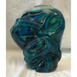 A 1973 Mdina glass sculpture in Maltese blue swirls, signed by artist, 30cms h.Condition