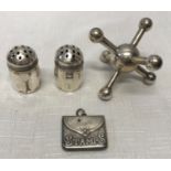Hallmarked silver stamps case Chester 1904-5, 2 USA sterling silver pepper pots 3.5cm, and a