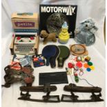 Mixed lot of toys including mid century skates and roller skates, table tennis bats, Playcraft