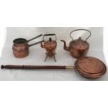 A collection of copper to include a spirit kettle 28cm, a large kettle 31cm, a double saucepan