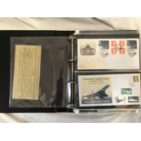 Album of first day covers and postcards. British Airways Concorde including commemorative coin.