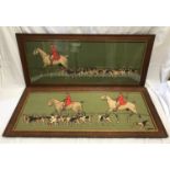 A pair of oak framed Cecil Aldin colour prints of Hunting scenes. Print 38cms x 101cms. Frame 5cms